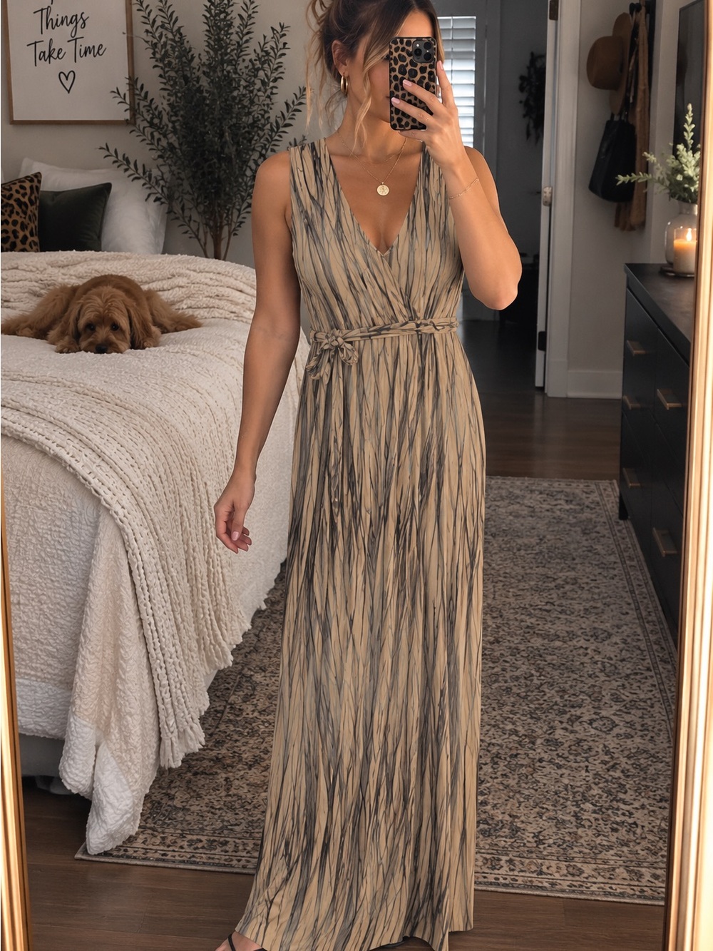 Tart Beige and Black Printed Sleeveless Wrap Maxi Dress